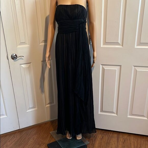 BCBGMaxAzria Black Silk Gown Dress Strapless Ruche Pleated Empire Waist 6 Petite - Picture 1 of 13
